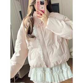 蕾丝拼接棉服外套女2025年新款冬季韩系高级感粉色蝴蝶结系带棉衣