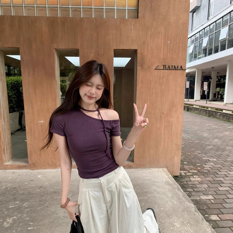 Asymmetrical Neck Sexy Off-Shoulder Short-Sleeve Women's T-Shirt 2026 Summer New Style Hot Girl Slim Fit Waist-Cinching Slimming Student Tie-Up Top Asymmetrical Neck Sexy Off-Shoulder Short-Sleeve Women's T-Shirt 2026 Summer New Style Hot Girl Slim Fit Waist-Cinching Slimming Student Tie-Up Top