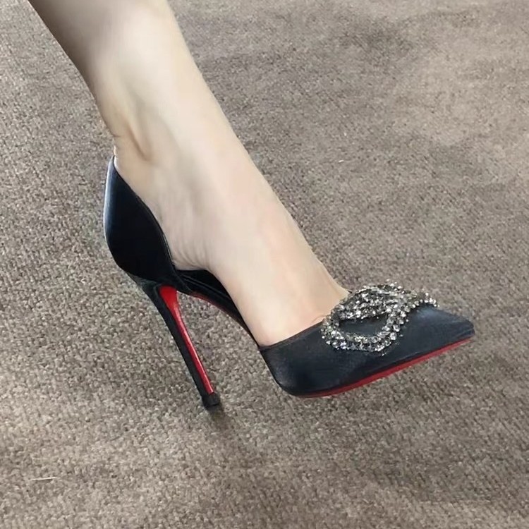 [Ready Stock] New French Black Silks and Satins High Heels, Pointed Toe Stiletto Heels, Beautiful and Not Tiring Rhinestone Flats, Wedding Shoes