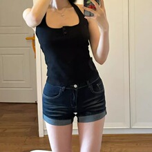 欧美复古深蓝色显瘦显腿长宽松水洗翻边牛仔短裤女卷边阔腿热裤子