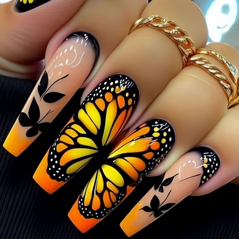 Press-On Fake Nail Patches, Long Ballet Nails, Butterfly Pattern Nail Patches, Simple Spring and Summer