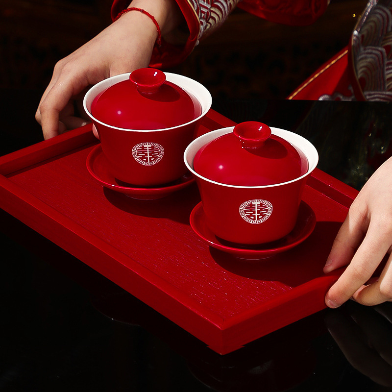 Wedding Supplies Tea Cup Set, a Pair of Wedding Bowls, Chopsticks, Cups, Wedding Red Tea Set, Toast and Dowry Collection