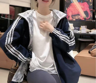 European Fashion Spliced ​​Lace Hooded Jacket for Women 2025 New Style Design Loose and Versatile Jacket
