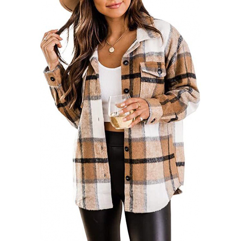 Amazon wish2022 European and American flannel jacket casual plaid buckle long sleeve woolen shirt women's coat Amazon wish2022 European and American flannel jacket casual plaid buckle long sleeve woolen shirt women's coat