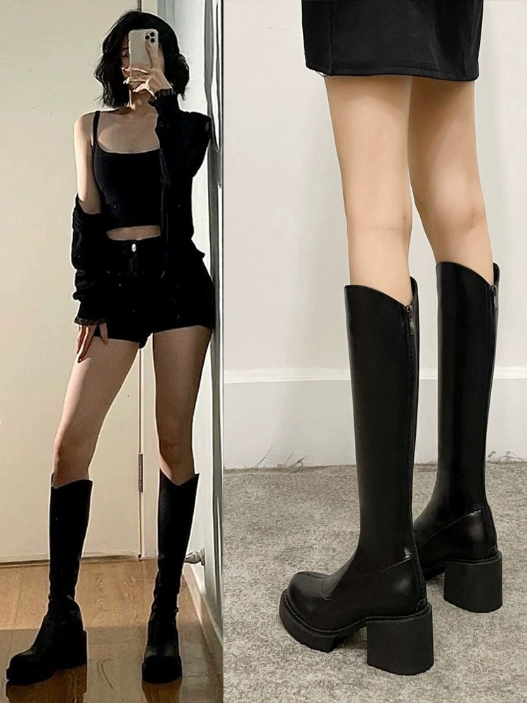 Высокие сапоги на толстом каблуке Дети не колено коричневые сапоги тощие сапоги