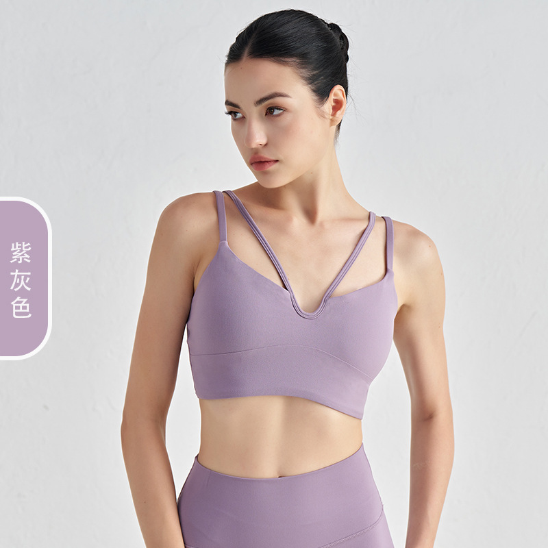 Desnudo con cuello en V, doble cabestrillo, chaleco de yoga, almohadilla para el pecho, tirantes finos, ropa interior deportiva, sujetador de fitness para mujer, hermosa espalda
