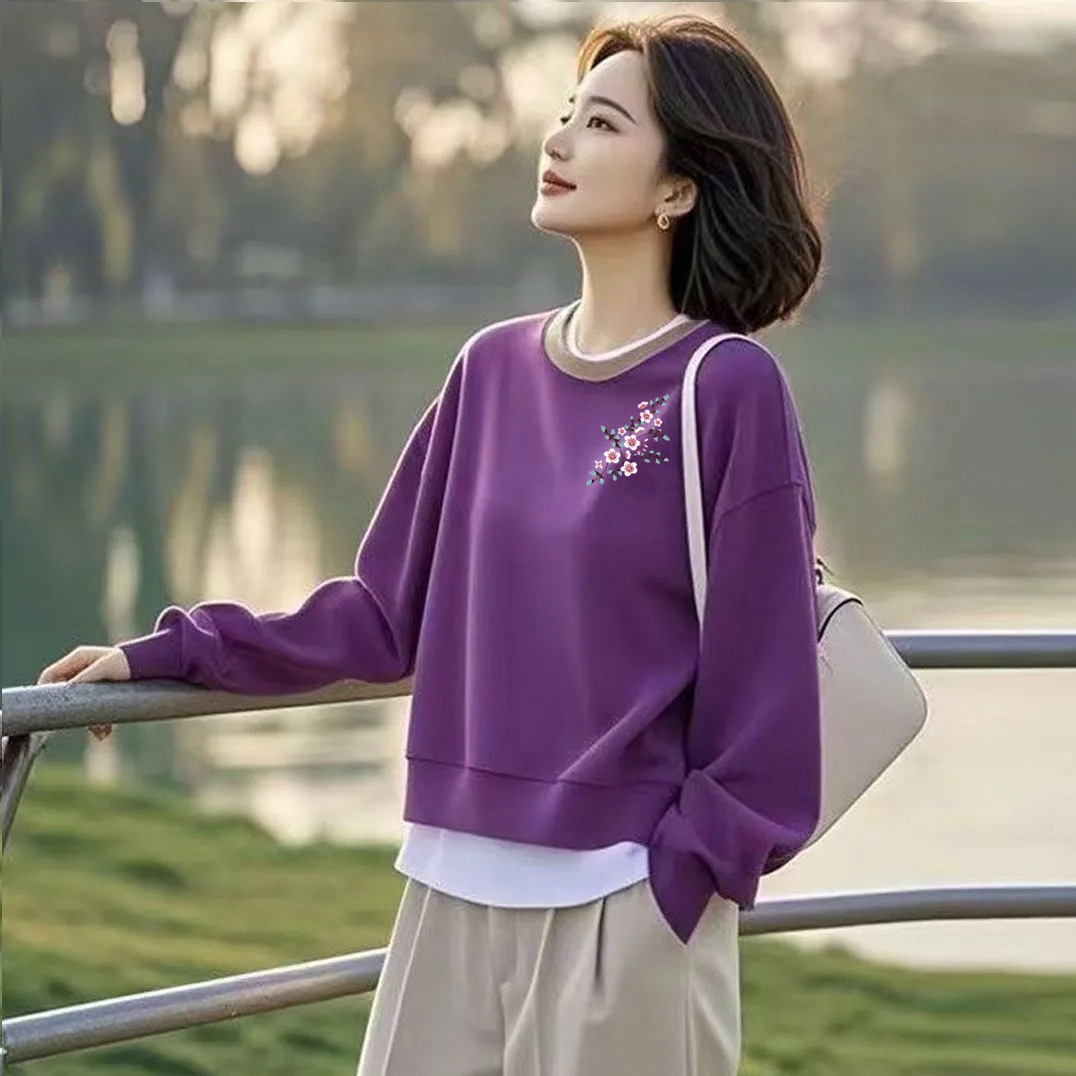 跨境2026假两件圆领套头卫衣女春秋冬季新款韩版宽松洋气遮肉上衣