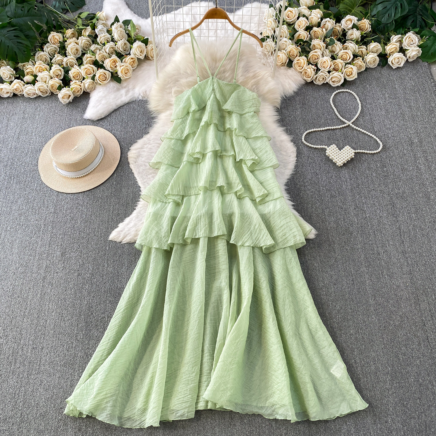 Women's Backless Maxi Dress With Spaghetti Straps, Flowy Beach Cover Up With Ruffle Hem, Sexy Boho Evening Gown For Vacation_ecoleips.com