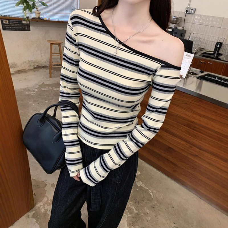 韩系慵懒风斜肩条纹T恤女ins早秋简约休闲修身显瘦百搭长袖打底衫|undefined