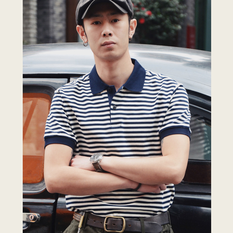 Summer Lapel T-shirt Ami Kaji Retro Foreign Trade Sea Soul Shirt Pure Cotton Half Sleeve Striped Men's Short Sleeve POLO Shirt