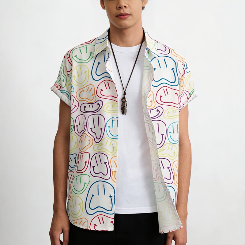 Cross-Border Fun Rainbow Crooked Face Cartoon Print Short-Sleeved Shirt for Men, Youth Casual Versatile Thin Top Wholesale Cross-Border Fun Rainbow Crooked Face Cartoon Print Short-Sleeved Shirt for Men, Youth Casual Versatile Thin Top Wholesale
