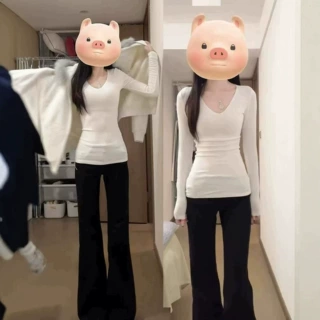 白色v领打底衫秋冬季内搭女绝美巨好看的上衣修身长袖t恤韩系穿搭