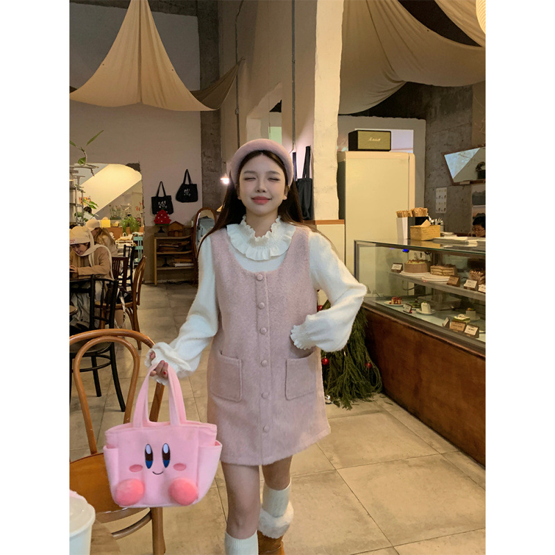 糖糖~秋冬韩chic简约可爱粉嫩毛呢背心裙