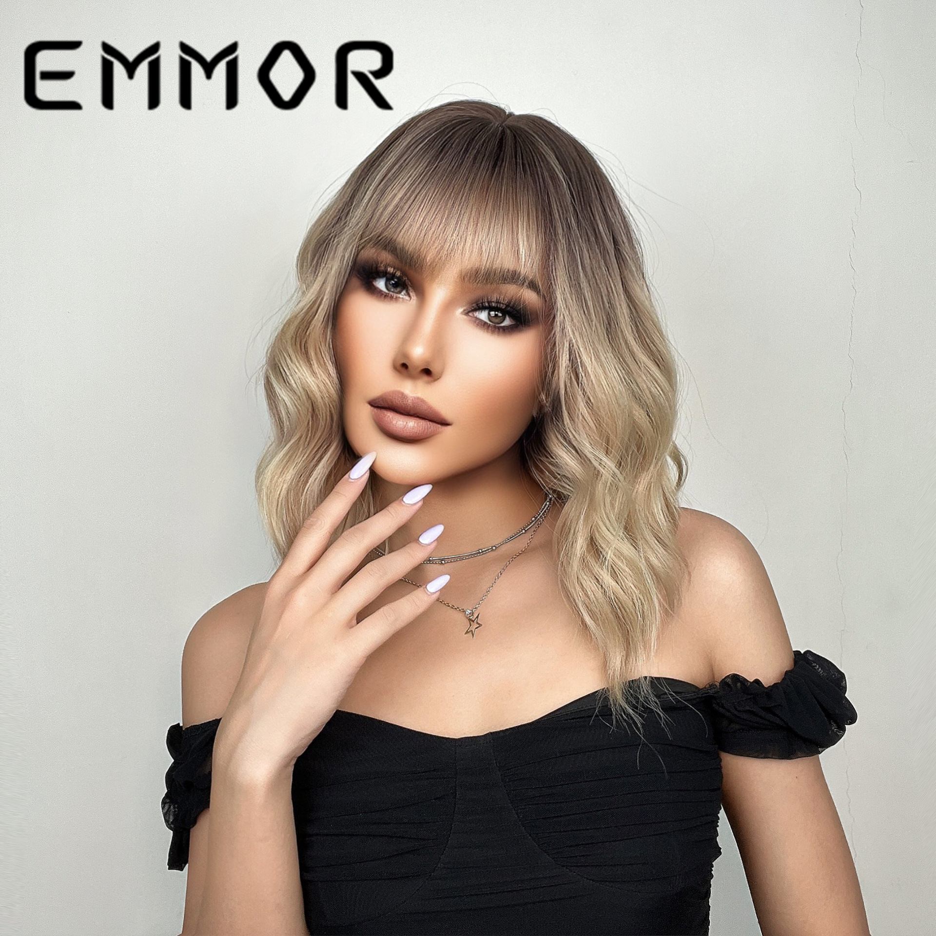 EMMOR Europa y América Amazon nuevo estilo flequillo gradiente Bobo cabeza Pelo Rizado fibra química de alta temperatura Peluca de seda cubierta de la cabeza