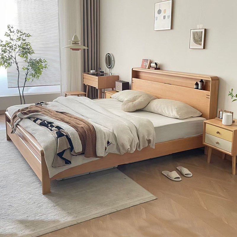 Nordic Beech Solid Wood Bed 1.8m Double Wedding Bed Simple Master Bedroom Hard Back 1.5m Japanese Light Luxury Single Bed