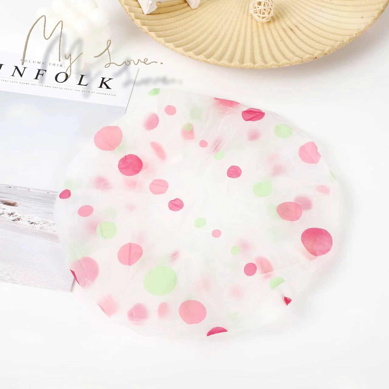 New polka dot shower cap waterproof bath shower cap home shower head cover kitchen smokeproof thickened hair cover