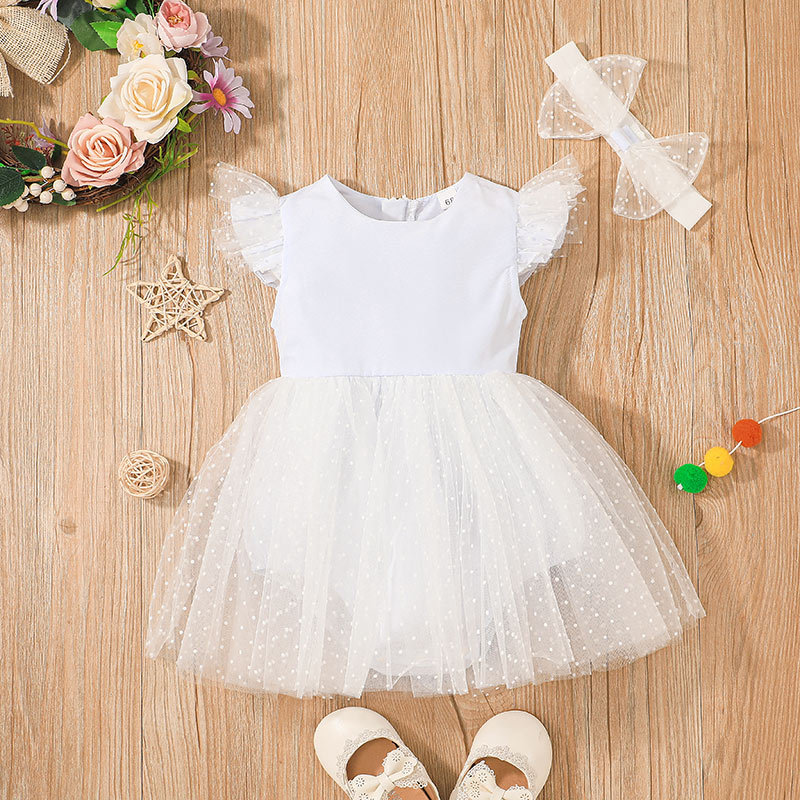 2022 Summer White Girl Princess Skirt Girl Baby New Flying Sleeve Mesh Skirt Wholesale display picture 1
