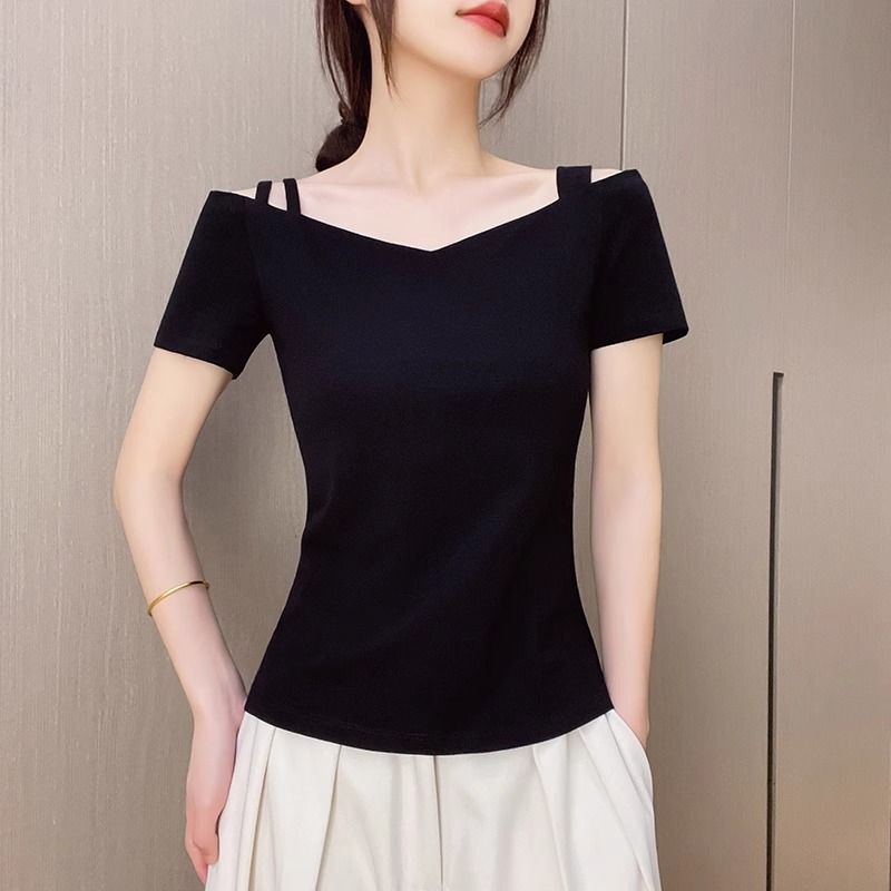 Pure Cotton Shoulder Short-sleeved T-shirt Women's Design Sense Single and Double Shoulder Strap Slimming Backless Top 2025 Summer New