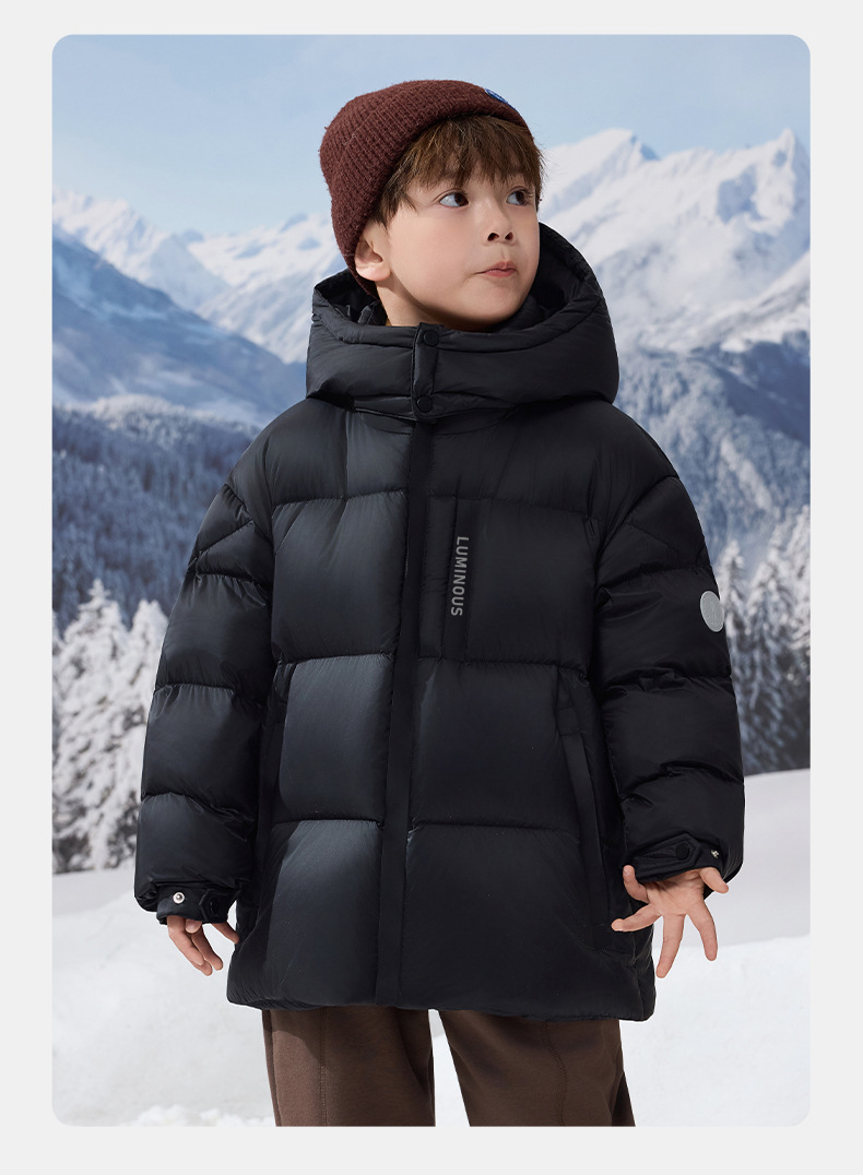 Kids Winter Puffer Jacket With 90% White Duck Down, Short Thickened Coat For Boys & Girls, Trendy Outerwear For Big Kids (120-170cm, Black/Smoke Grey)_voghion.com