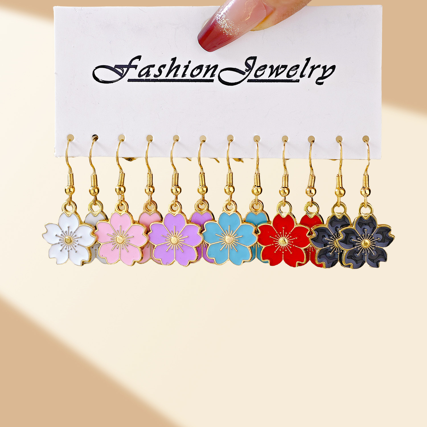 Juego de pendientes de aleación con diseño de flor de cerezo, estilo europeo y americano, superventas transfronterizo, diseño de nicho, con efecto de goteo de aceite y colores vibrantes, venta al por mayor