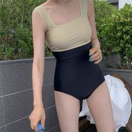 2022新款连体泳衣女 韩版复古撞色高腰显瘦温泉泳装女