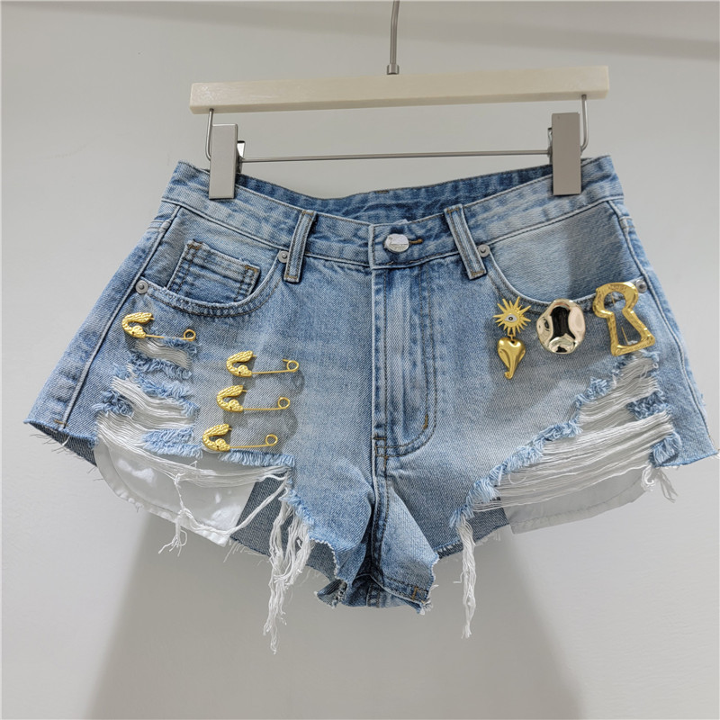 Shorts de Mezclilla de Tiro Alto de Mezclilla de Poliéster con Efecto Desgastado