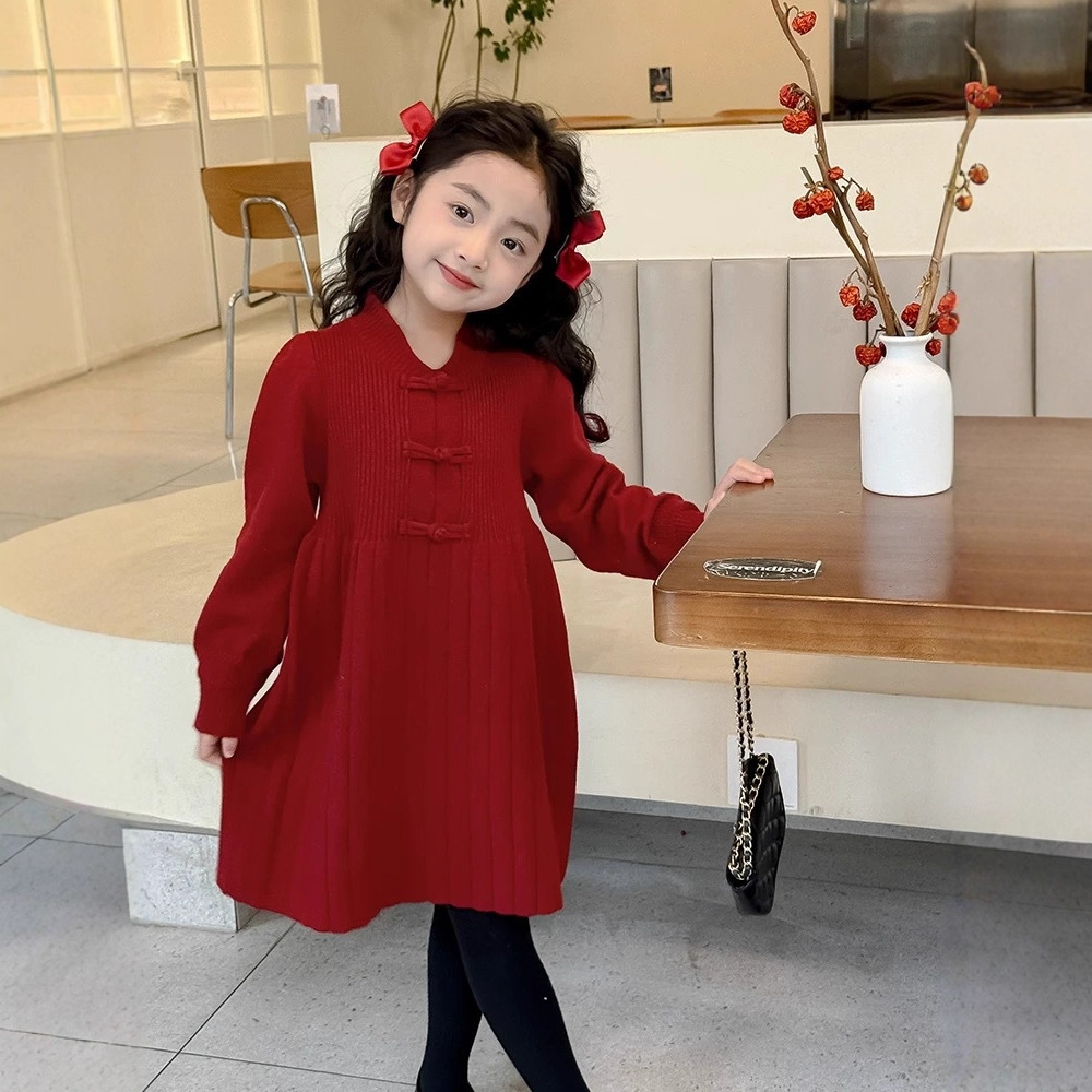 女童红色连衣裙2026新款秋装儿童中式公主裙周岁礼服春秋女孩裙子