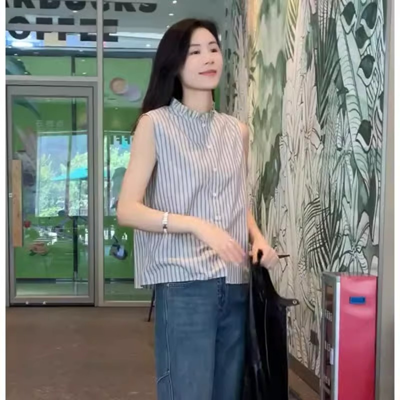 Fashionable Ruffled Stand Collar Design Striped Sleeveless Vest Shirt for Women Autumn Inner Layer Top