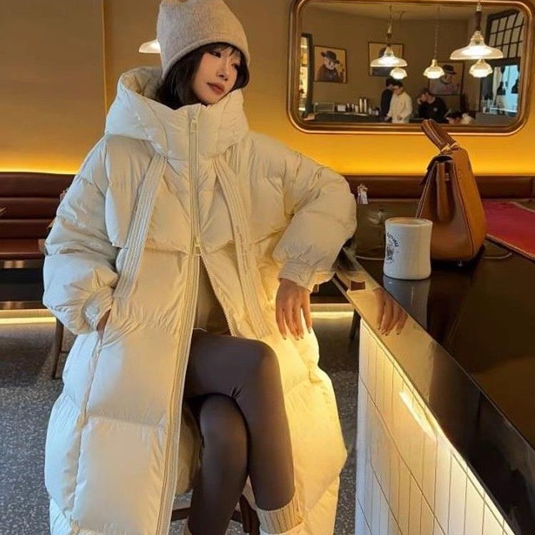 白鸭绒羽绒服女长款过膝2023年冬季新款时尚洋气白色面包服外套