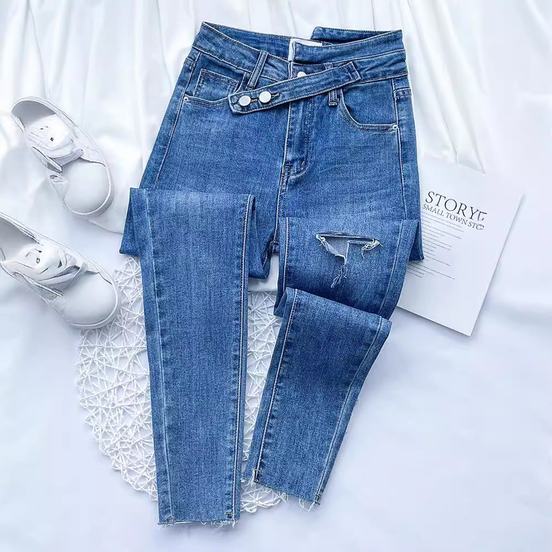 Black Ripped Leg Jeans Women's 2024 Summer New High Waist Slim Slim Slant Tight Cropped Pencil Pants