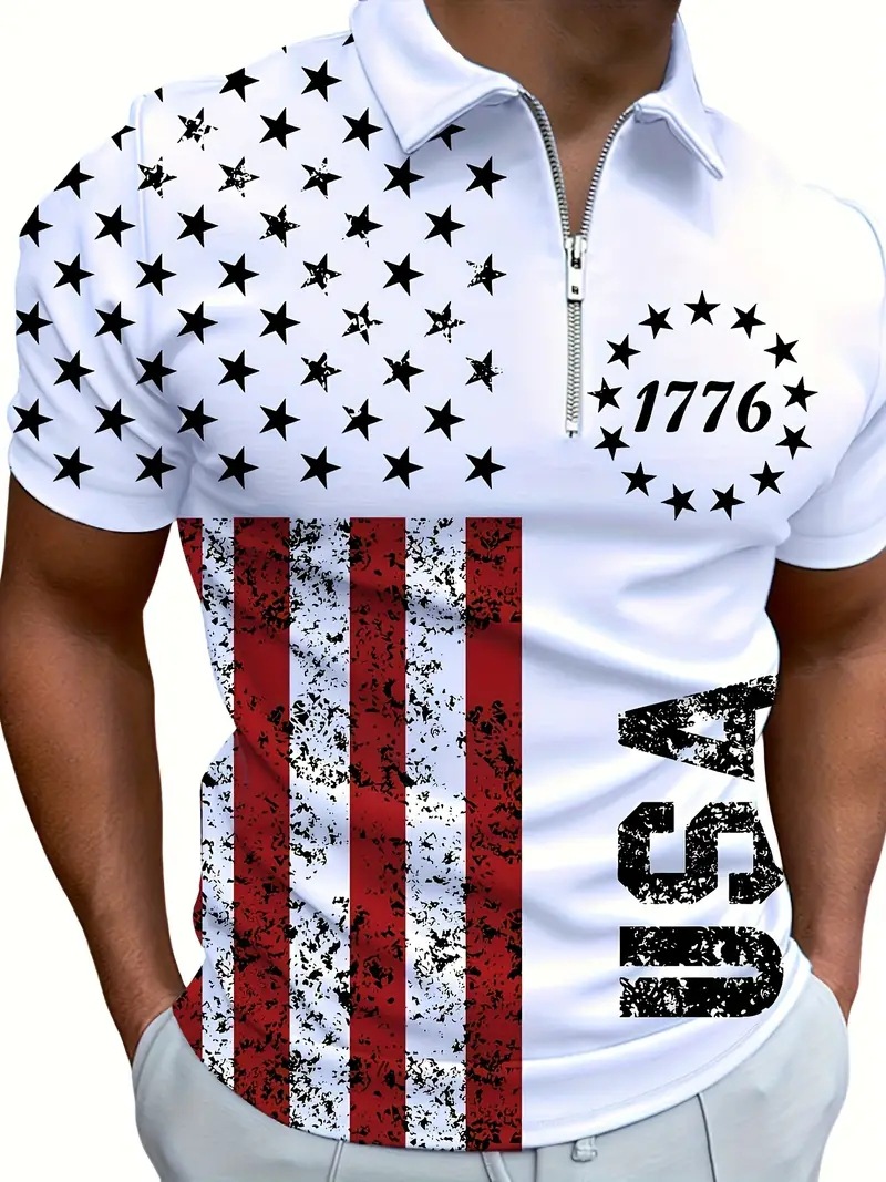 Paño de malla de alta calidad transpirable suelta manga corta solapa cremallera POLO camisa clásica bandera de EE. UU. Impresión digital 3D