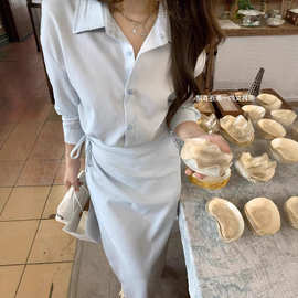 高级感假两件蓝色衬衫连衣裙女早秋季小众设计显瘦气质POLO长裙潮
