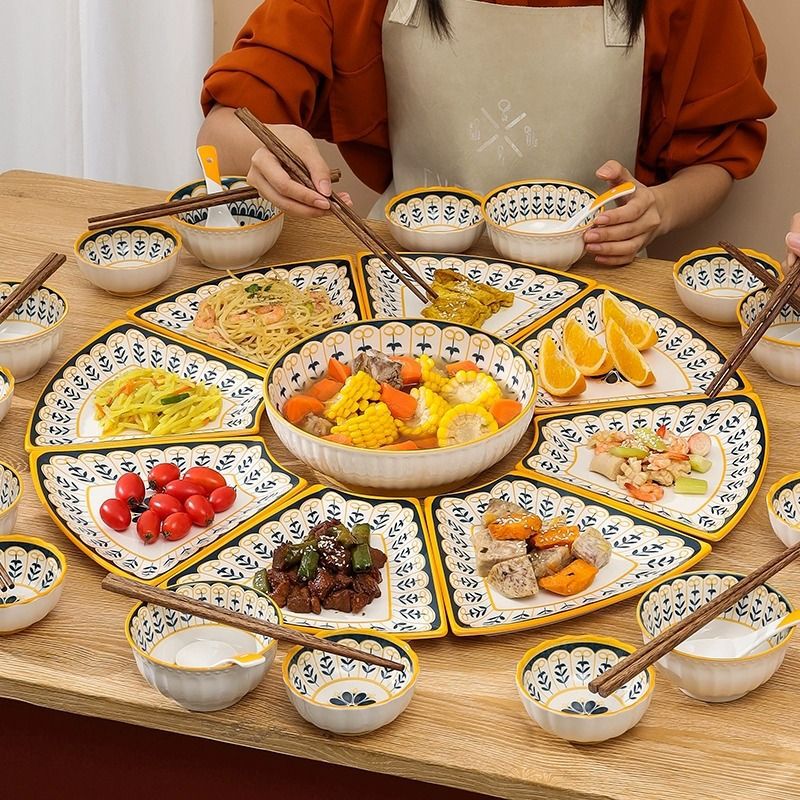 Scandinavian Ceramic Platter Party Dishes and Tableware Set Fan-Shaped Platter with Soup Bowl New Year's Eve Reunion Dinner Household Tableware