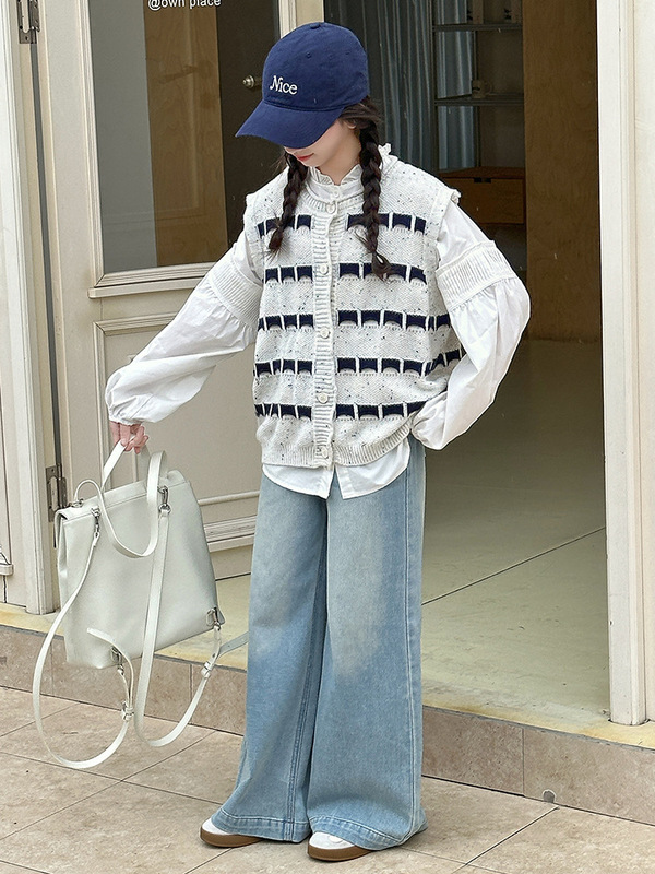 女童套装秋季2025新款儿童韩系穿搭女大童衬衫针织马甲牛仔裤三件|undefined