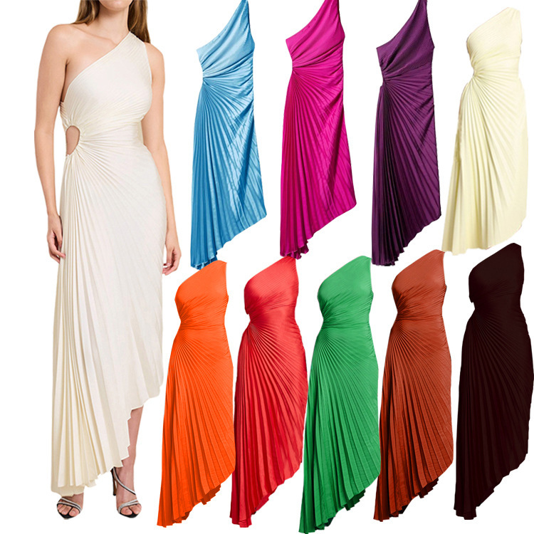 2023 European and American women's cross-border Amazon explosions new one-shoulder diagonal collar pleated hollow dress (satin)