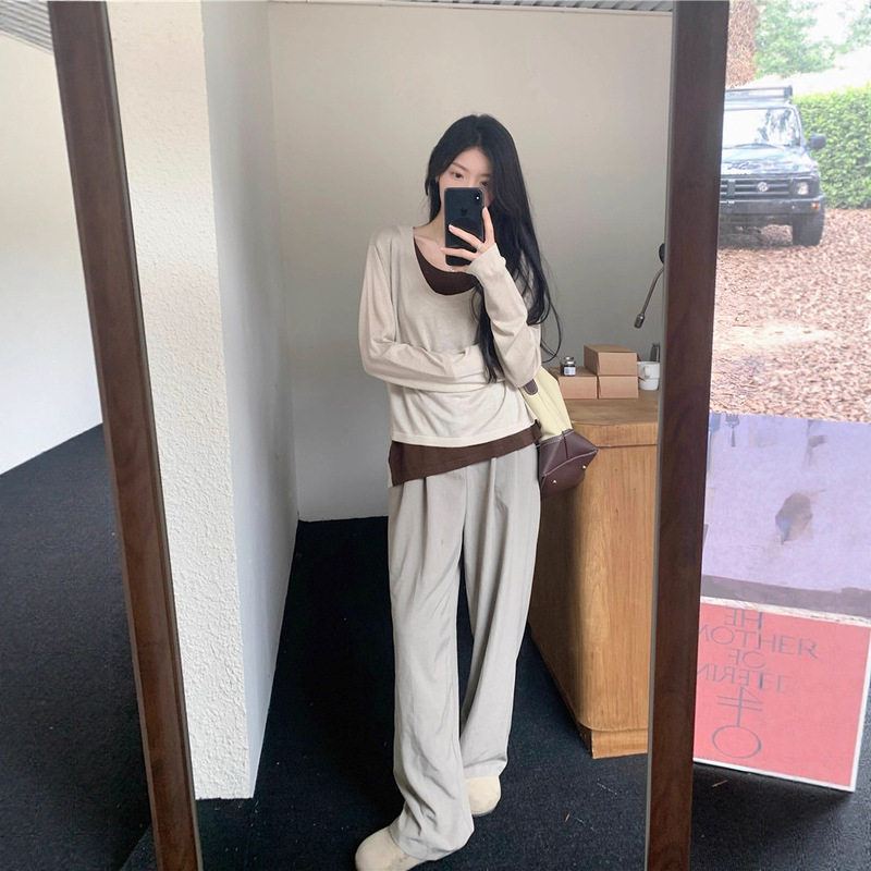 大码撞色拼接假两件针织衫上衣女早秋新款慵懒风设计感毛衣|undefined
