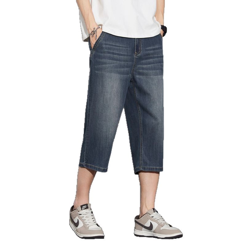 2025 New Men's Denim Shorts Summer Thin 7-Point Pants Trendy Brand Loose Straight Mid-Length Men's Cropped Pants
