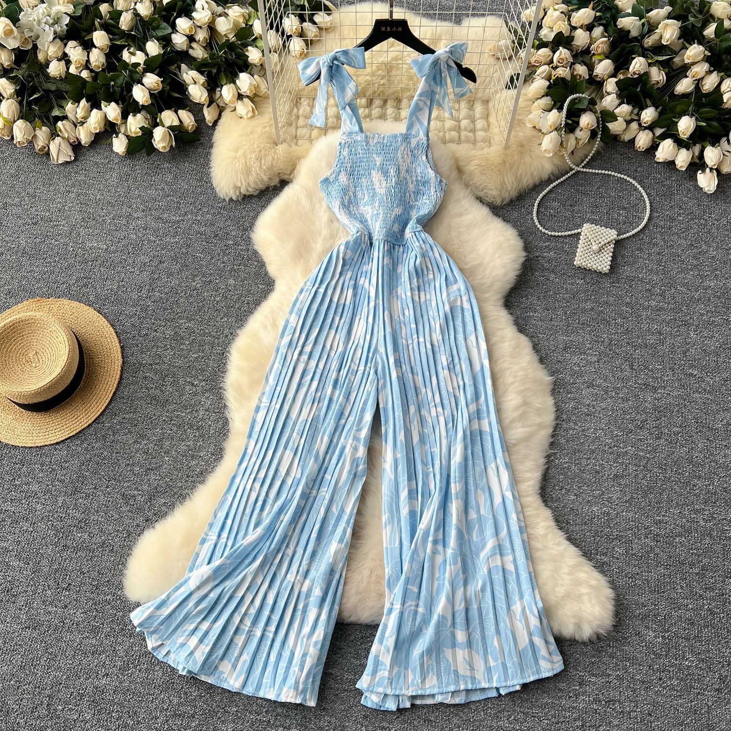 Viajes y vacaciones con mono para mujer, pliegues elásticos de verano, cintura, tirantes florales, pantalones largos de pierna ancha, pantalones de playa