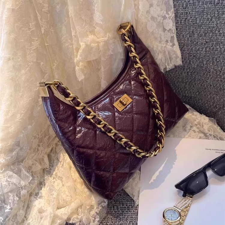 Túi tote nữ da thật kiểu tweed đeo chéo dây xích chần bông — Màu đen, Đỏ Ancora, Cà phê Mocha, Màu nâu chi tiết 1