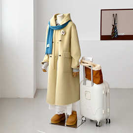 【浪漫初澜】双面羊毛大衣连帽长款外套牛角扣大衣ZX16