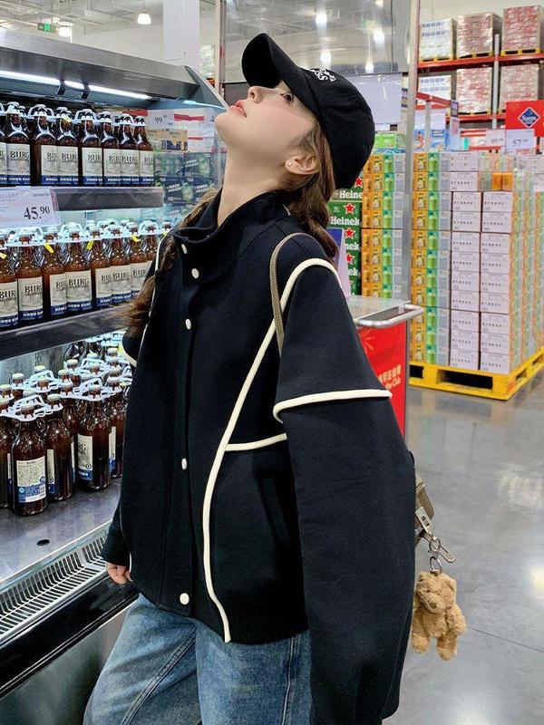 黑色设计感棒球服女慵懒风2025春秋新款韩版宽松流行撞色条纹外套|undefined