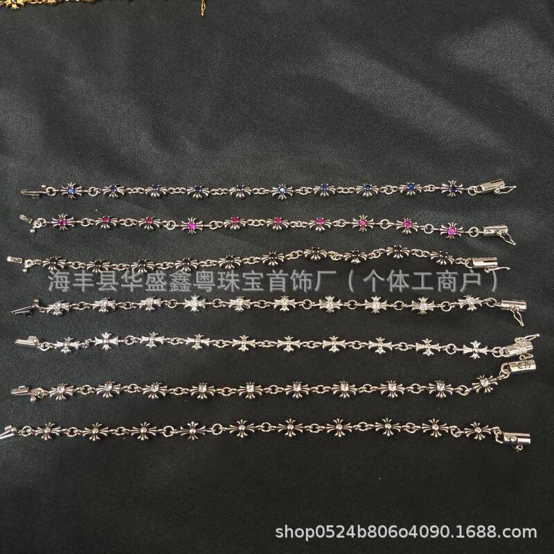 Crowe Retro Cross Flower Bracelet Mixed Color Inlaid Hip-Hop Male and Female Couple Old Plated S925 Cross Jewelry