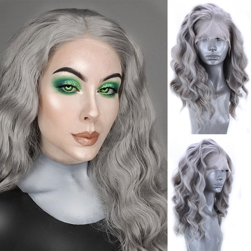 Wig women's curly hair European and American chemical fiber front lace headgear fashion grandma gray 2022 new wig wholesale