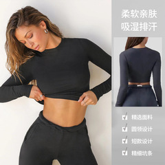 colorvalue跨境健身跑步運動休閒螺紋圓領長袖瑜伽服上衣一件代發