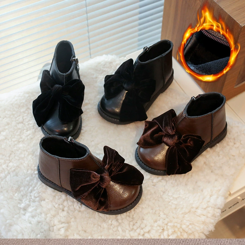 Кожаные сапоги для девочек 2024 Зимняя корейская принцесса бант иностранные сапоги на молнии