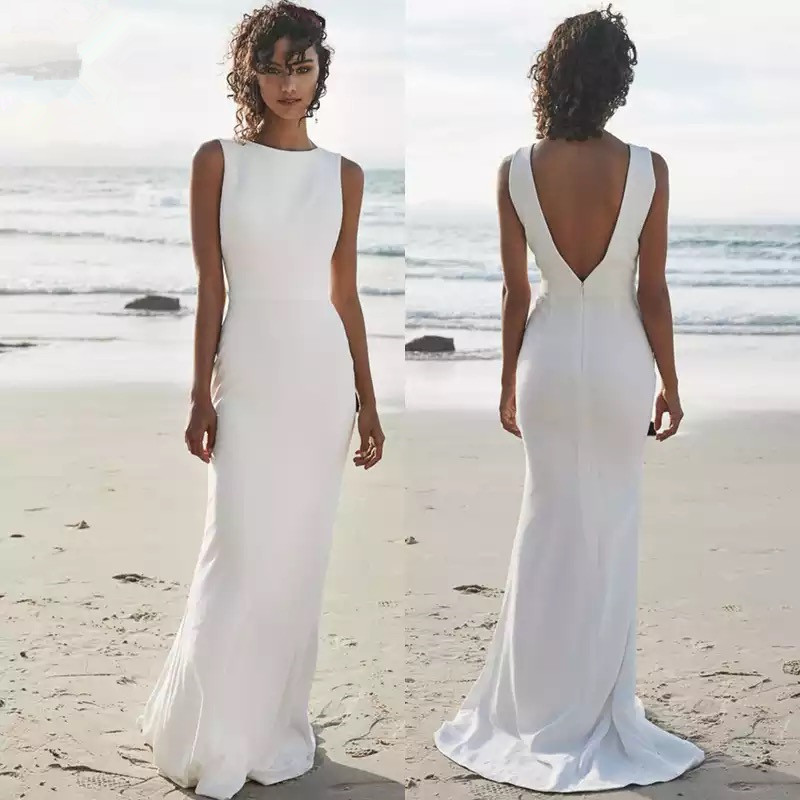 Amazon europeo y americano playa vestido de novia V espalda suave satén trapear barato vestido largo sirena vestido nupcial vestíbulo