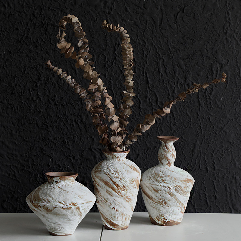 Japanese Wabi-Sabi style ceramic vase decorative for living room dining table flower pot antique white rough pottery small vase