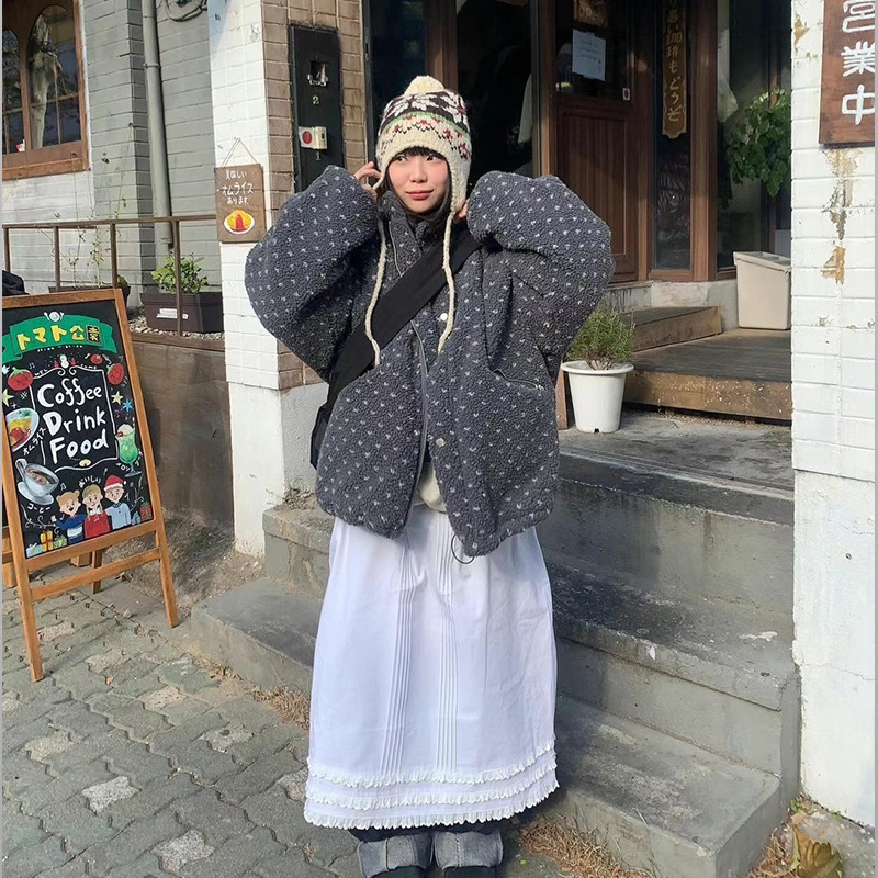 东大门冬装新款韩版学院风爱心点点加厚羊羔毛加棉保暖棉衣外套女