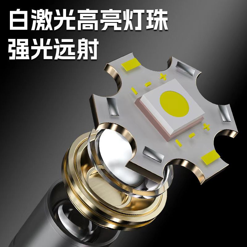 Nueva linterna láser blanca con zoom telescópico, función de banco de energía USB, gancho, abrebotellas, largo alcance y alto brillo