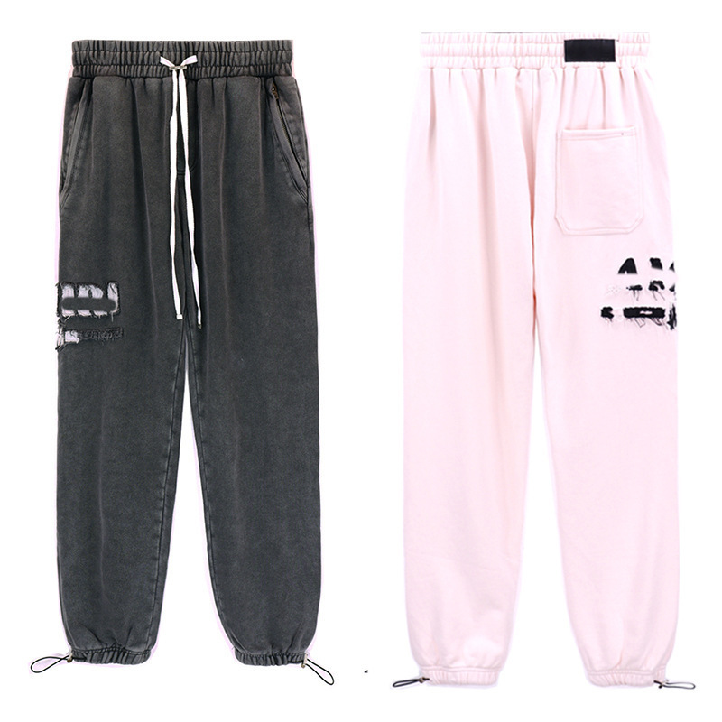 Washed and Distressed Letter-Printed Amiri Trendy Drawstring Slim-Fit Sweatpants High Street Jogger Casual Pants